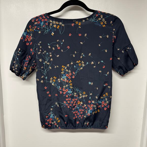 Zara Basic Womens Navy Blue Floral Puff Sleeve Crew Neck Blouse Size XS - Picture 2 of 9